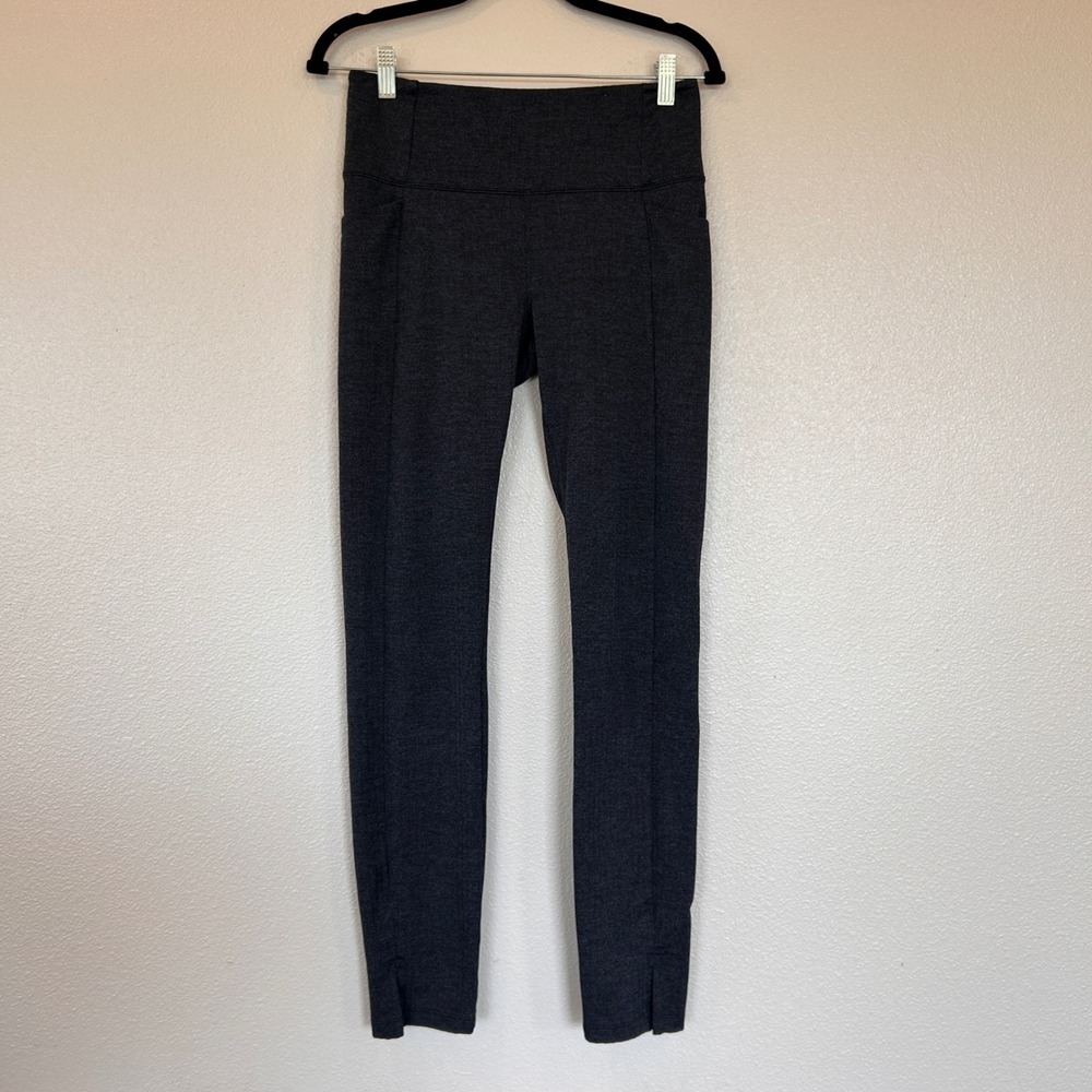 Athleta Herringbone High Rise Leggings Charcoal‎ Grey Side Pockets Split Hem ST